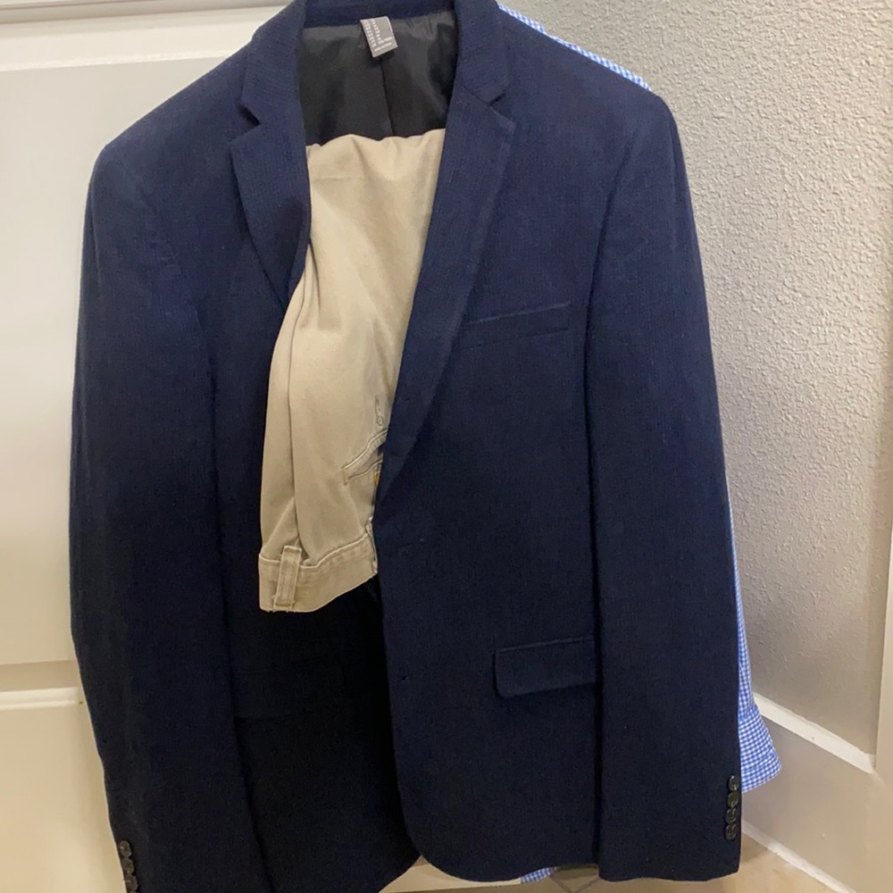 Dark navy blue suit jacket w/ KHAKI PANTS